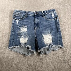 Judy Blue Denim Shorts Womens Large Blue Cut Off High Rise Distressed JB150010
